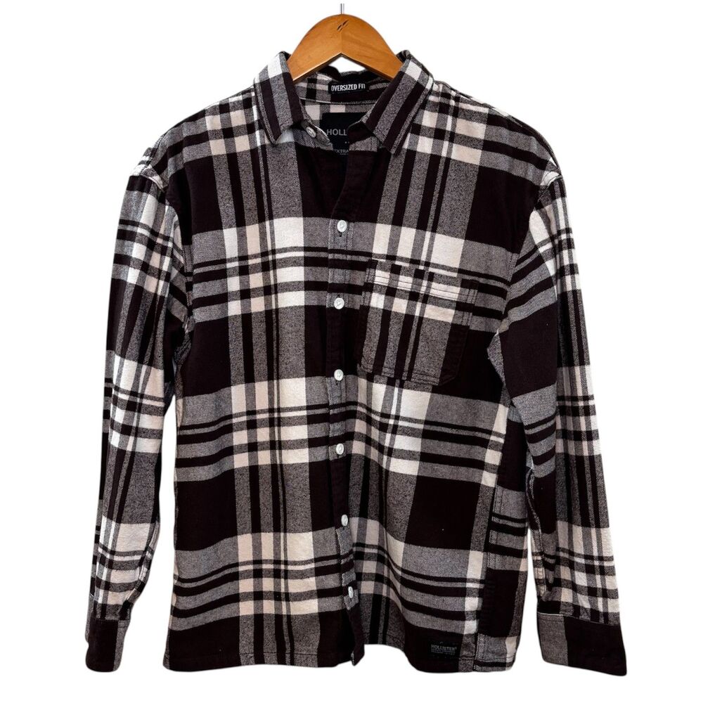 Hollister Oversized Fit Flannel Shirt XS Extra Small Brown White Plaid Button Up